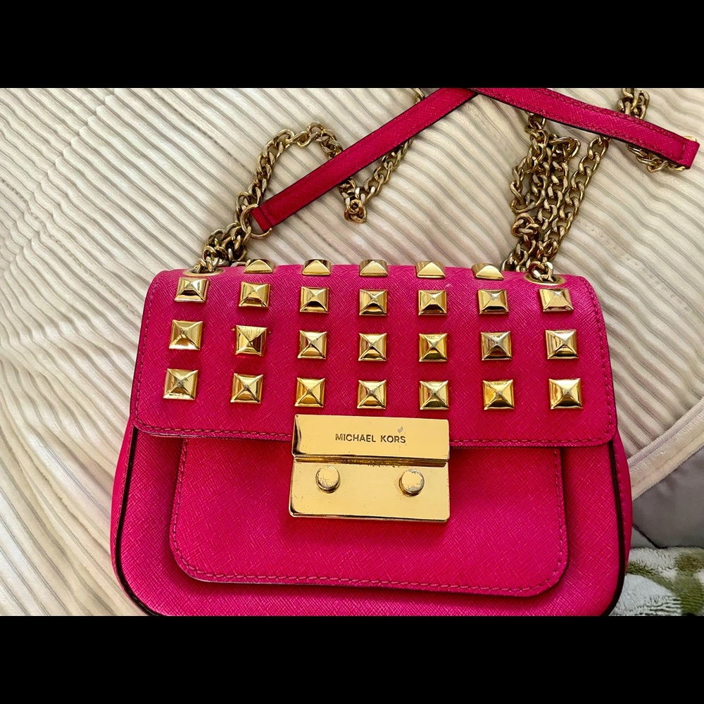 Beautiful Michael Kors Fuchsia, hot pink, gold studded, crossbody.
